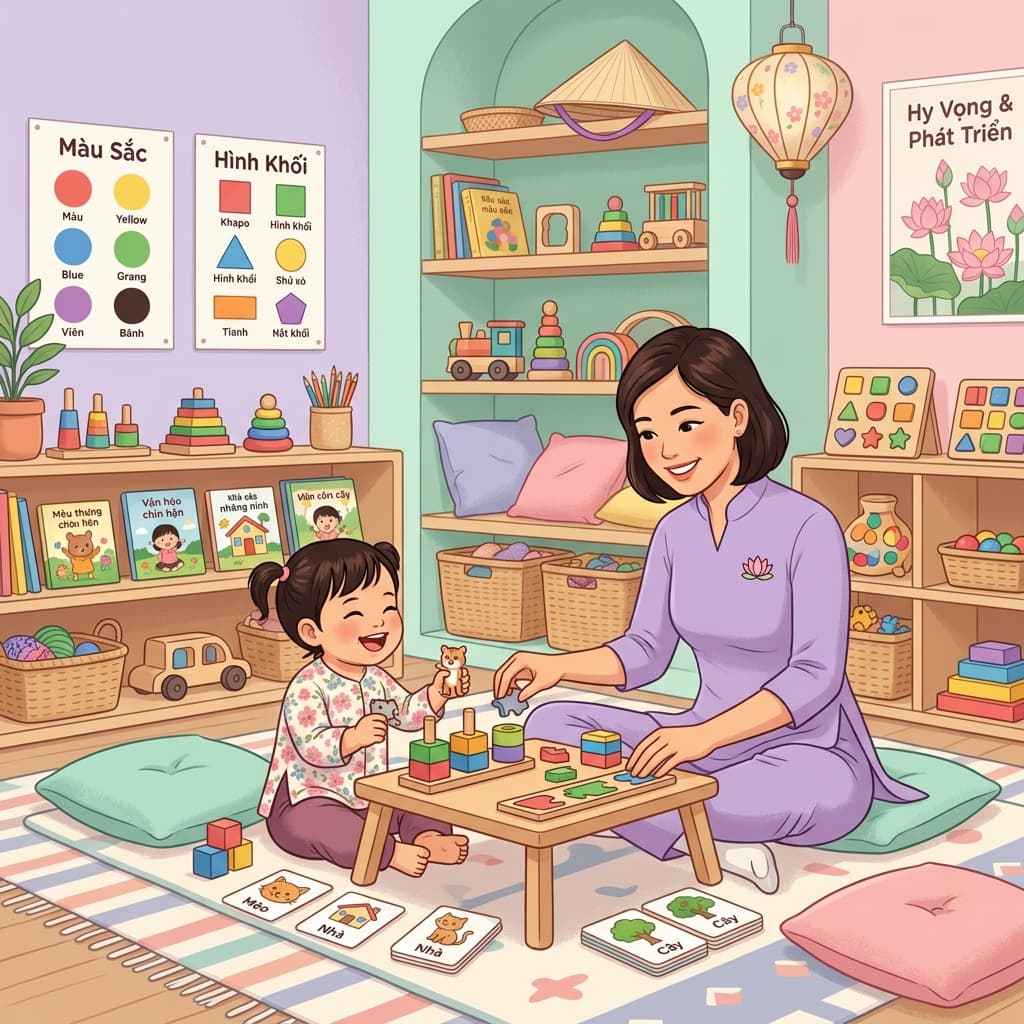 Cô trò vui vẻ trong giờ can thiệp